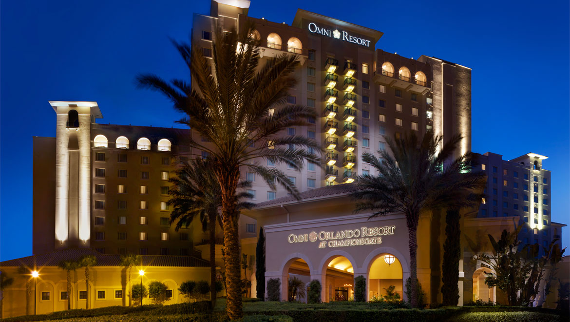Front exterior of Championsgate Resort at night 