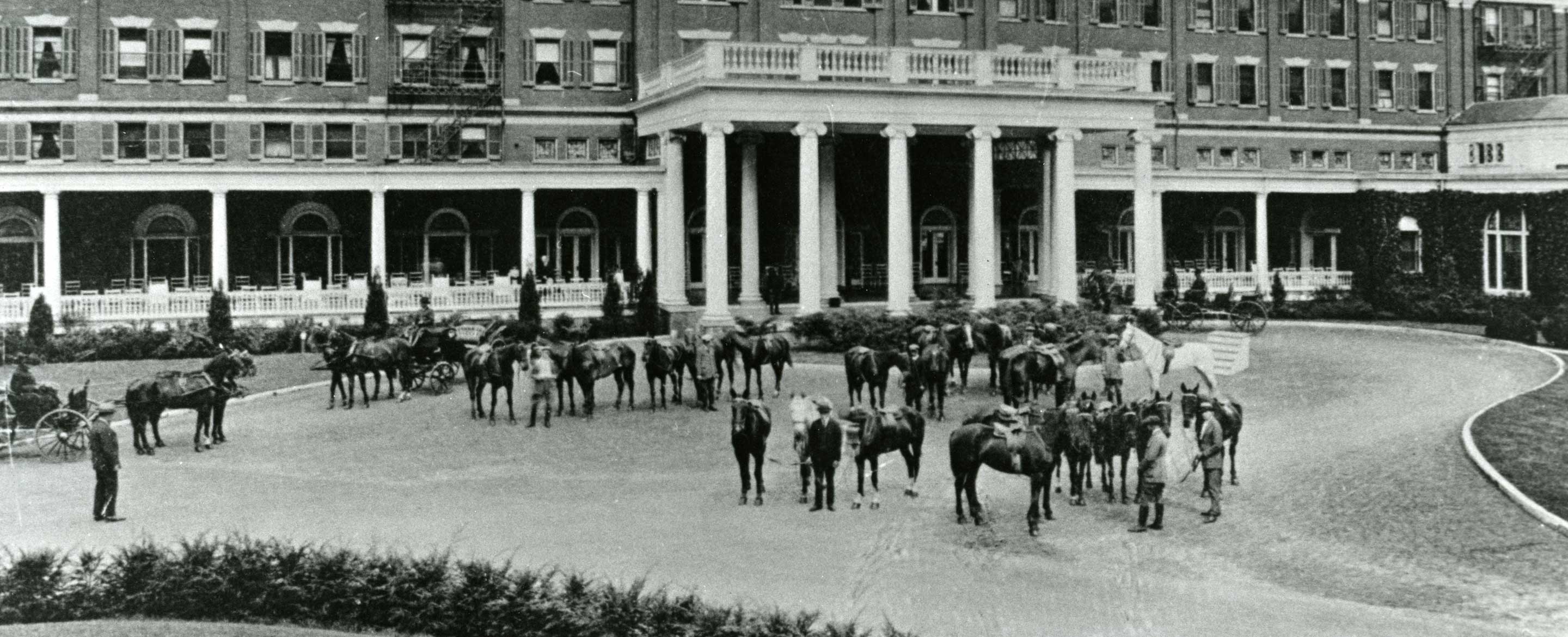 Historic hotel with horses in front.