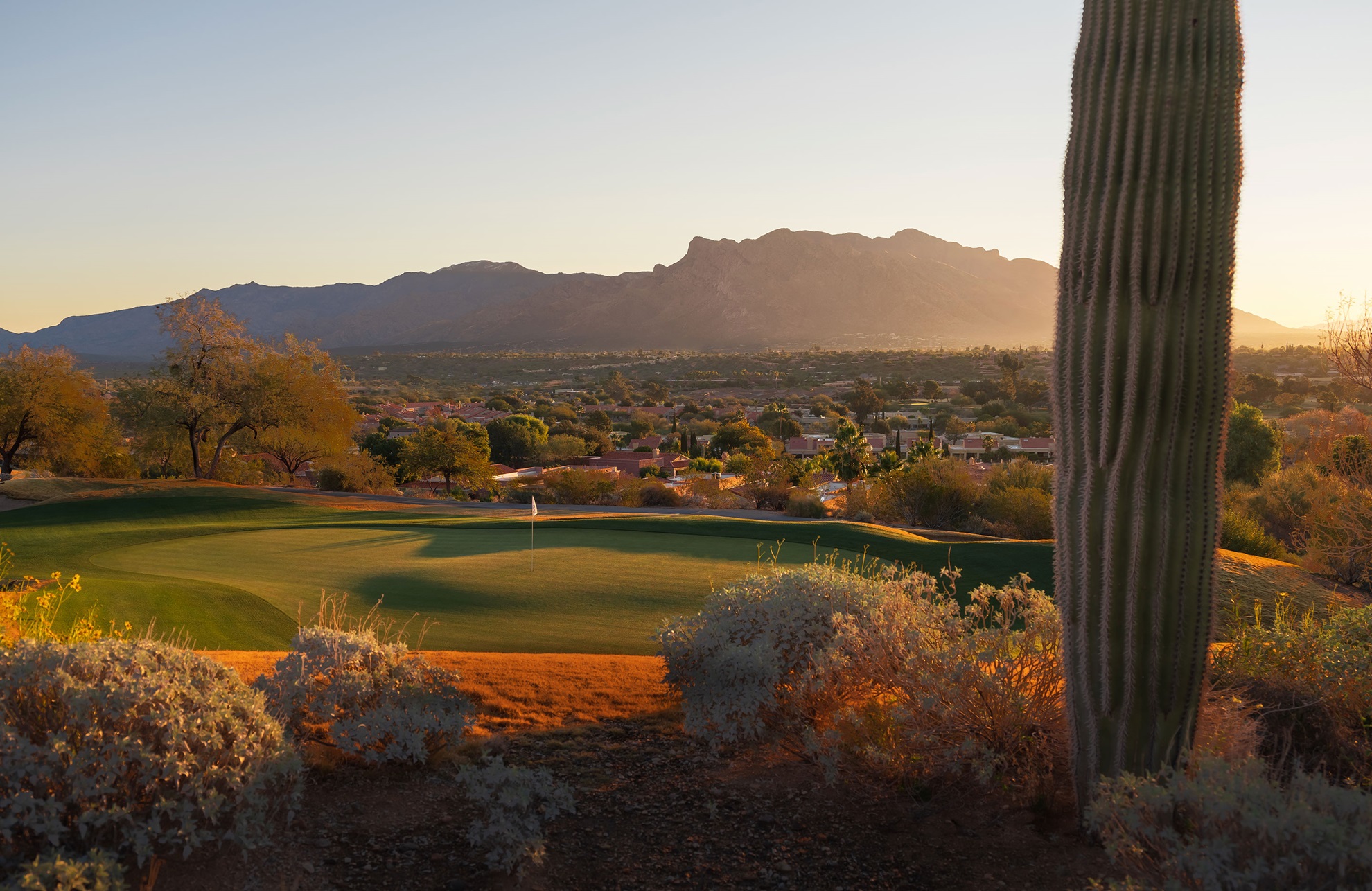 Sunset over desert golf course at Omni Tucson National