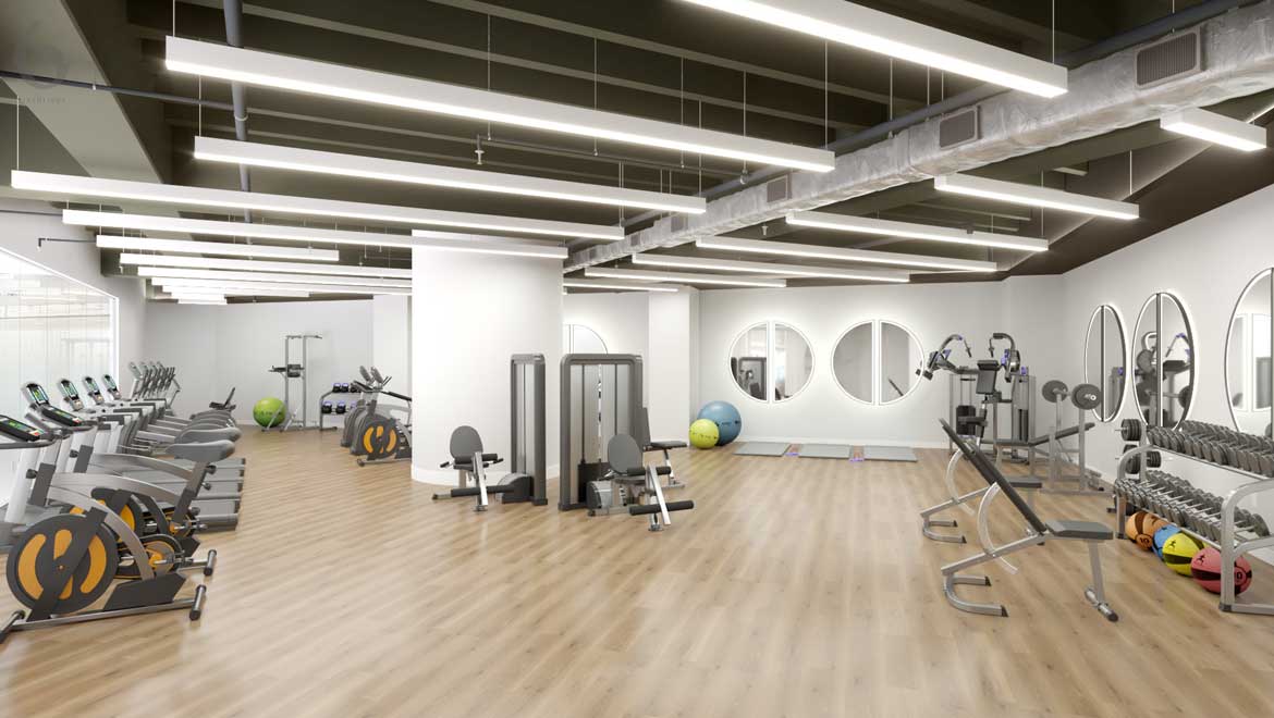 Fitness center with workout equipment.