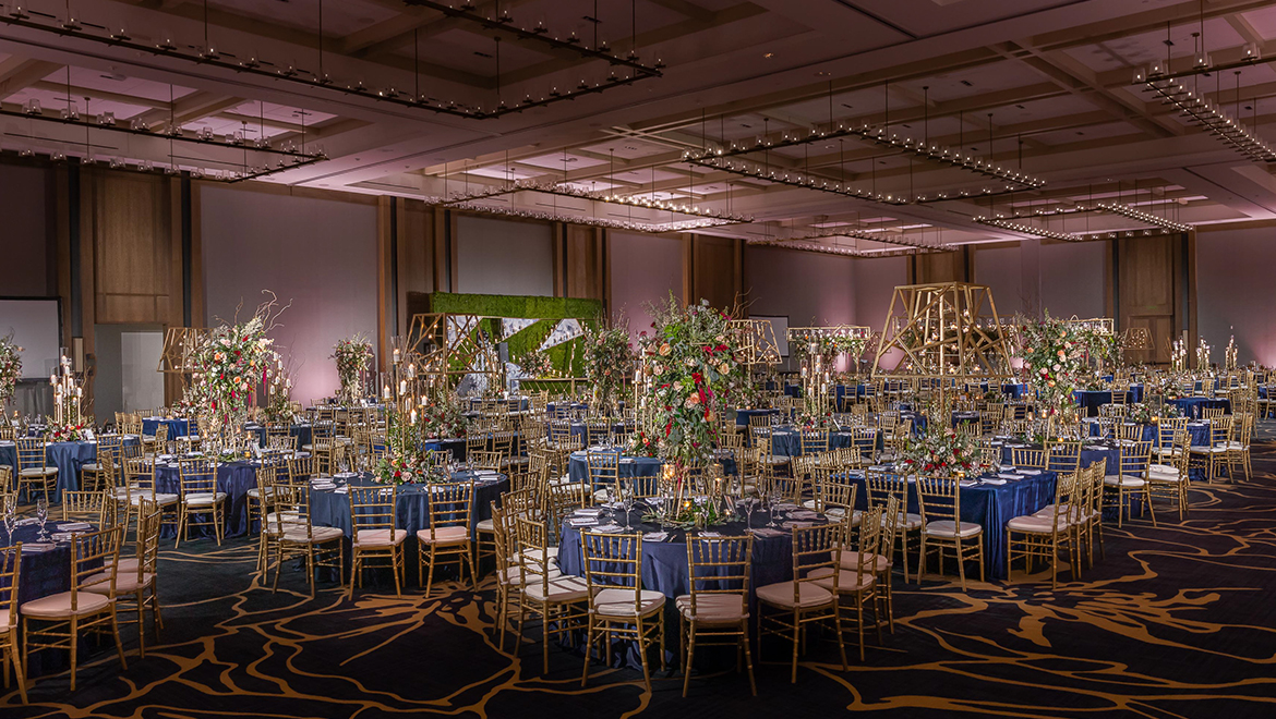 Wedding reception set up in ballroom