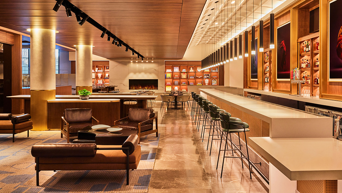 Kestra offers a Mediterranean-American menu and innovative spaces that double as dining and co-working areas - Omni Boston Hotel at the Seaport
