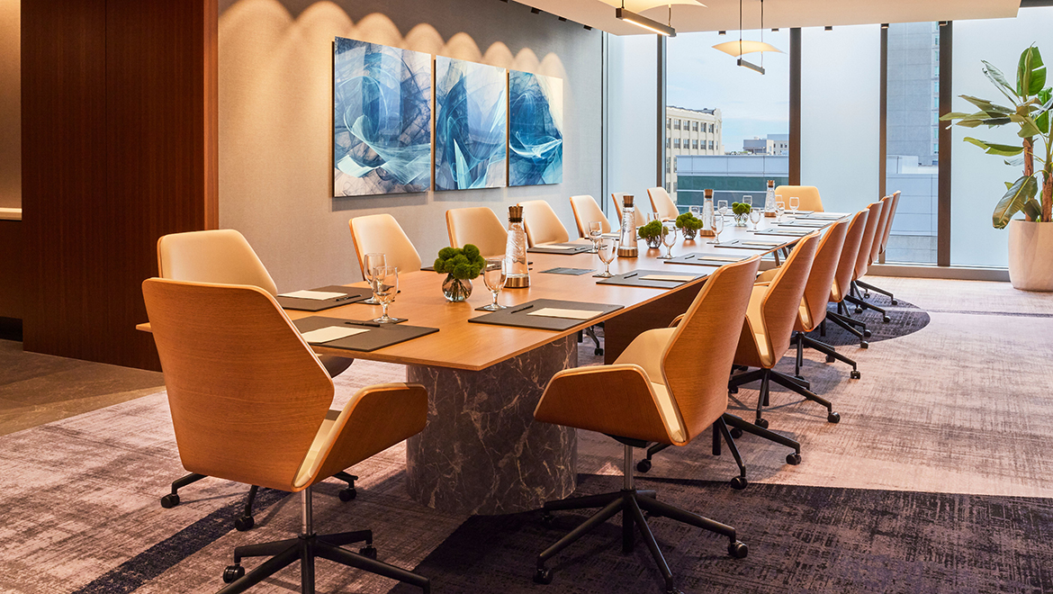 Think Tank boardroom features floor-to-ceiling windows and a separate catering staging area - Omni Boston Hotel at the Seaport