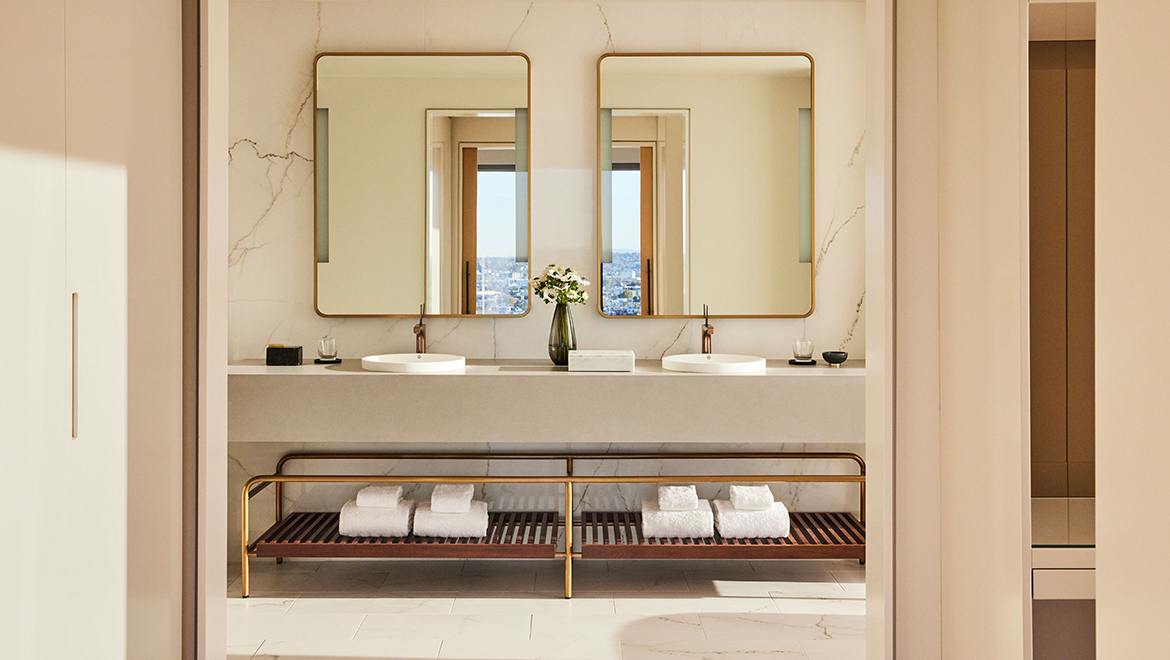 The master bathroom in the Director and Choreographer Suites is a peaceful retreat - Omni Boston Hotel at the Seaport
