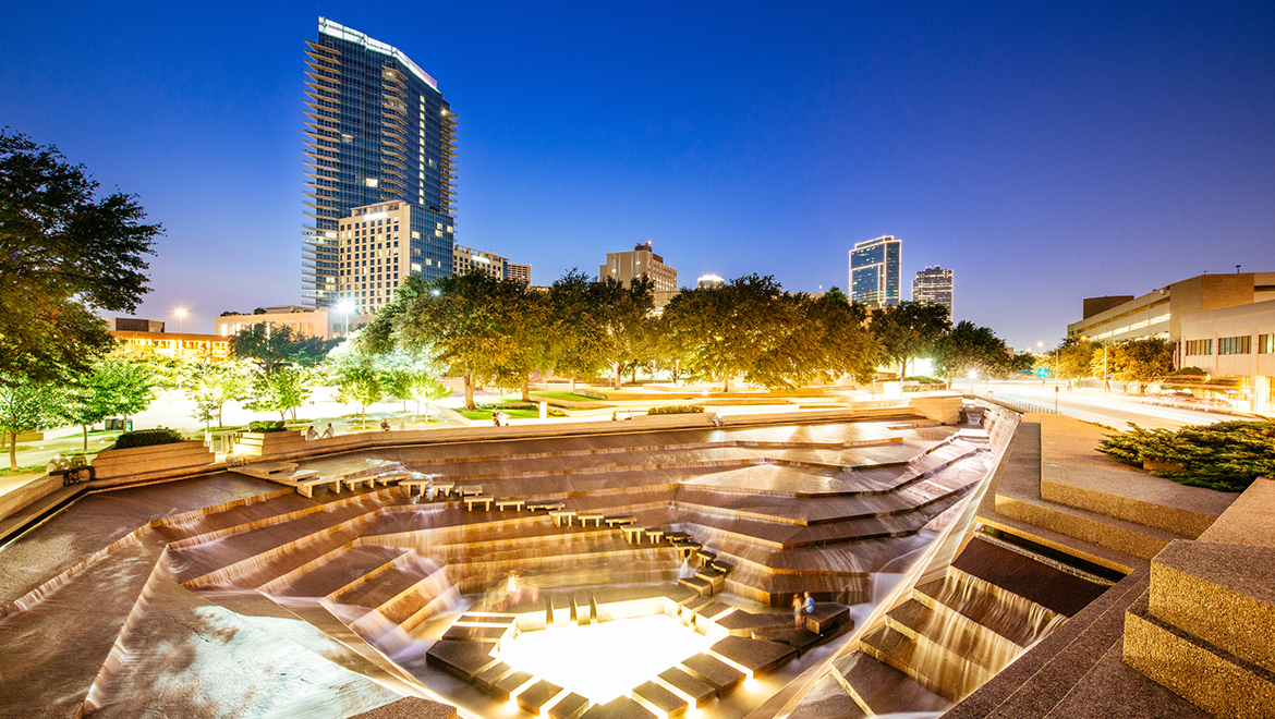 Dusk view of Fort Worth water gardens
