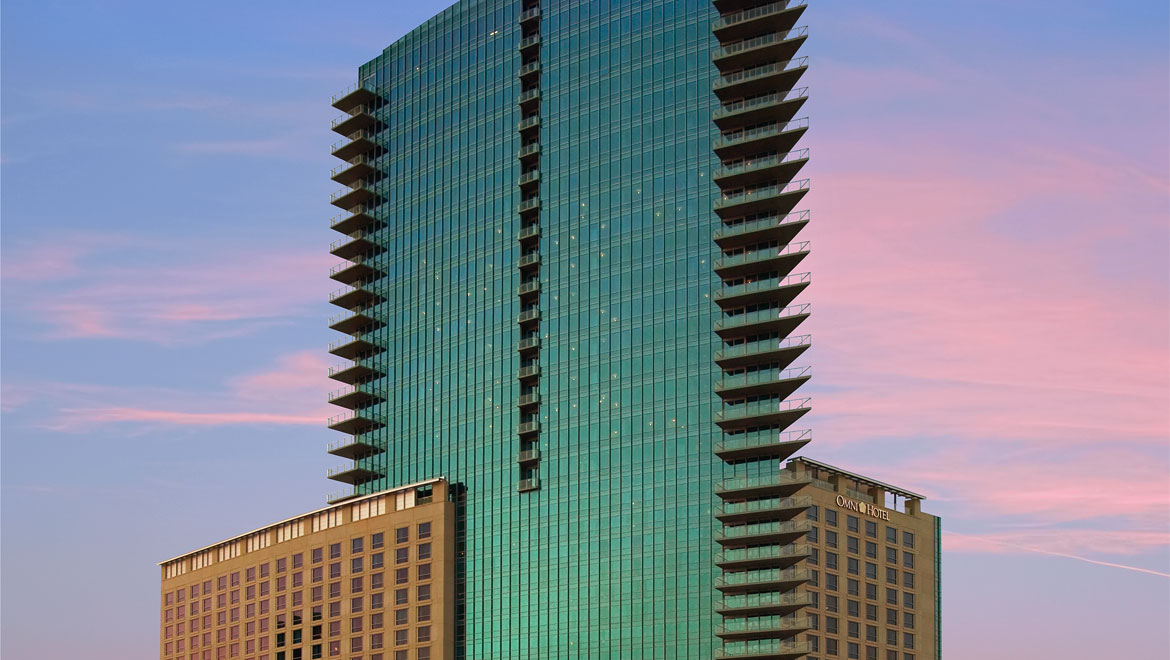 Exterior of Fort Worth hotel at dusk 