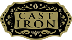 Cast & Iron logo in the shape of a black and gold belt buckle