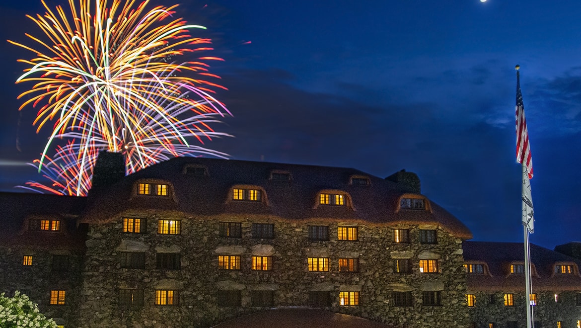 Fireworks in the sky over resort.
