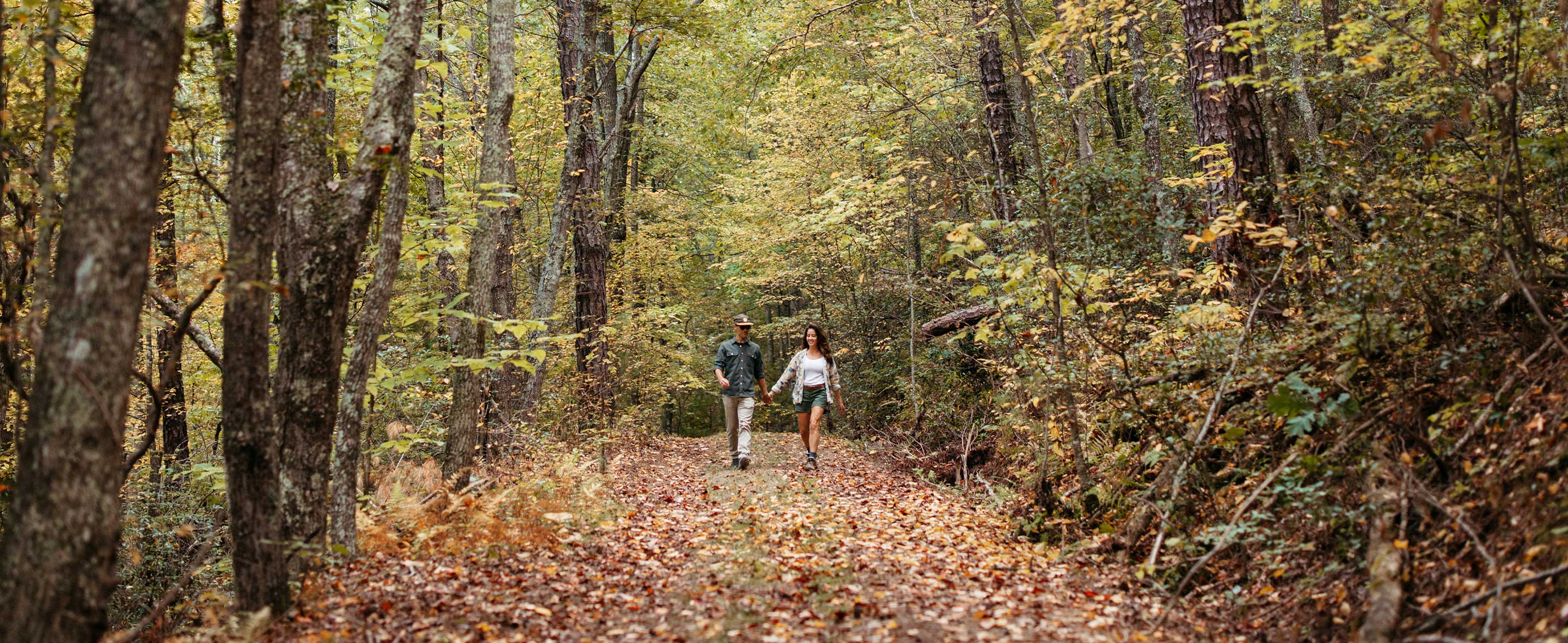 couple walking through woods