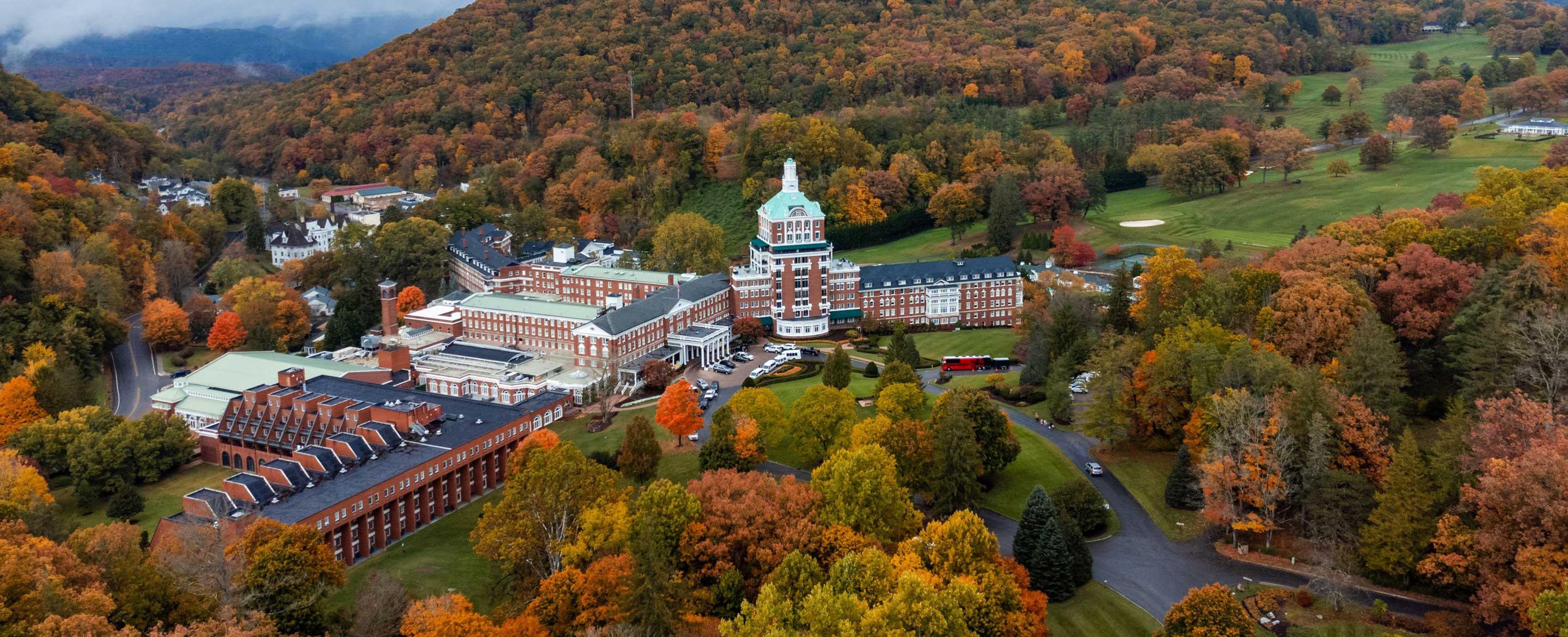 Fall leaves and resort exterior.
