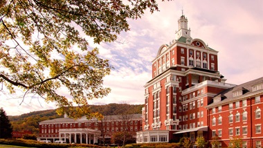 Exterior view of Homestead Resort in the fall 