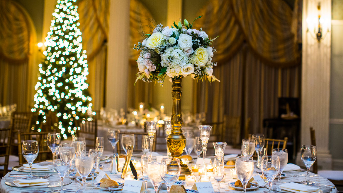 A holiday themed reception in the Empire Room