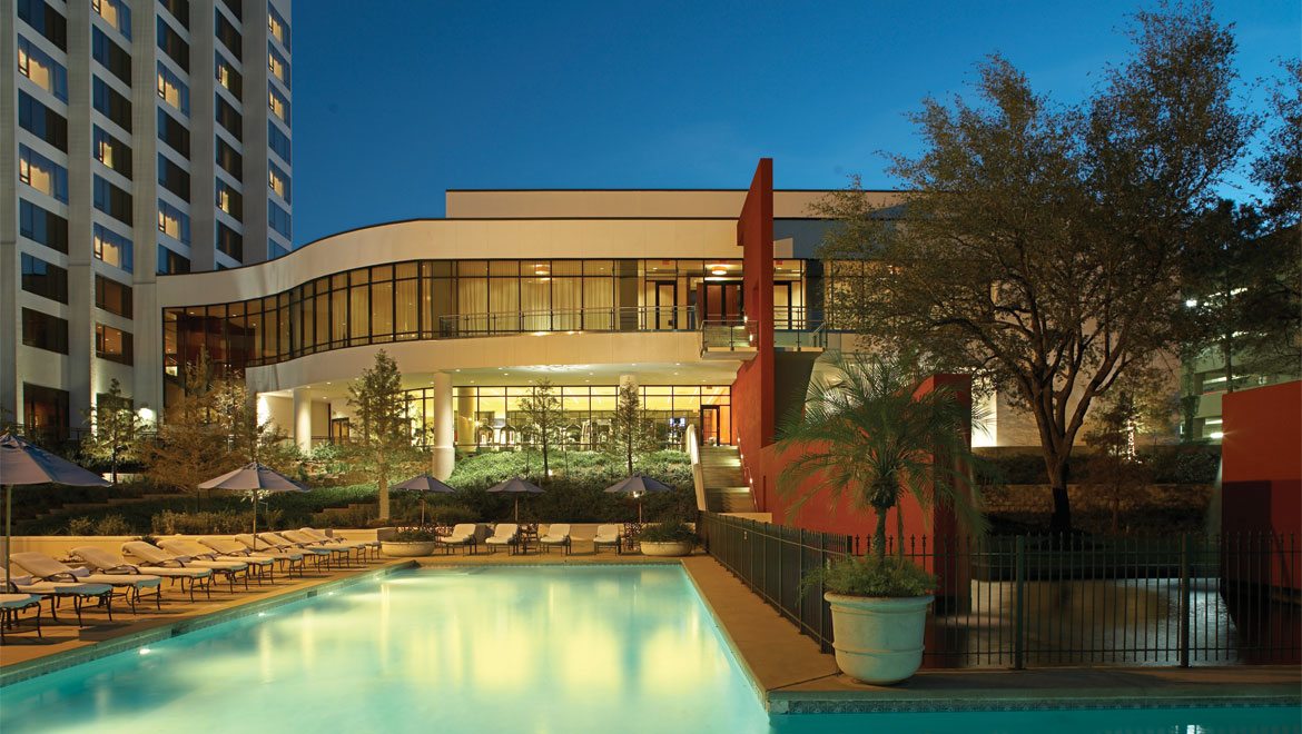Pool at night at Houston hotel 