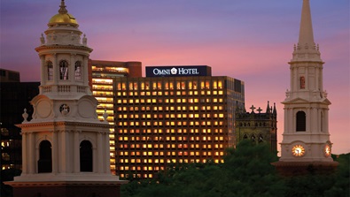 Exterior of New Haven Hotel at night 