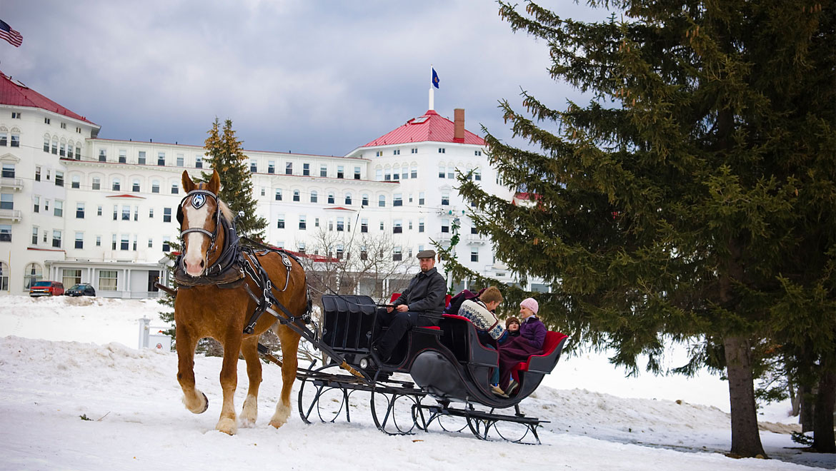 Riding a horse sleigh in the winter at Mount Washington 