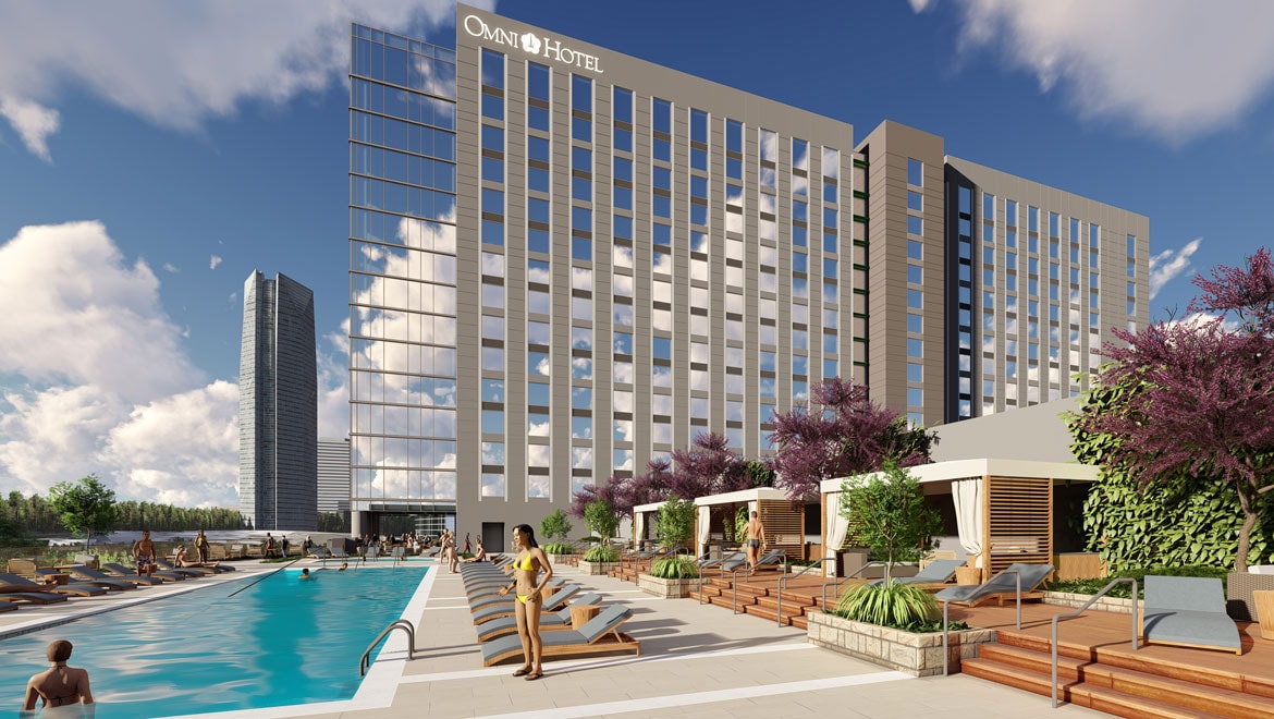 Rendering of hotel and pool.