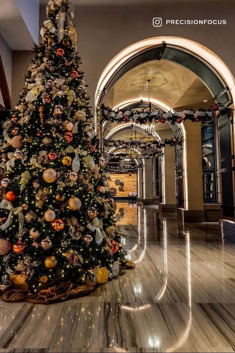 Hotel lobby decorated for Christmas