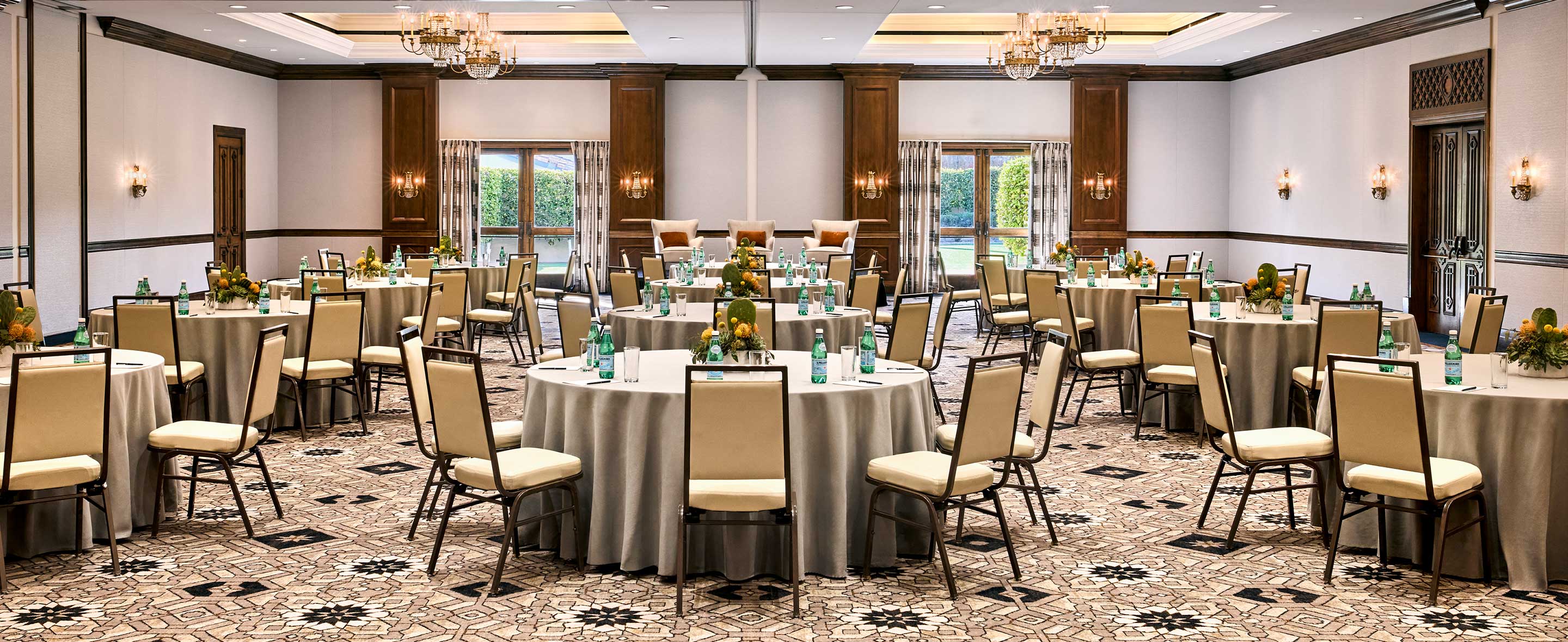 Hotel ballroom with round tables