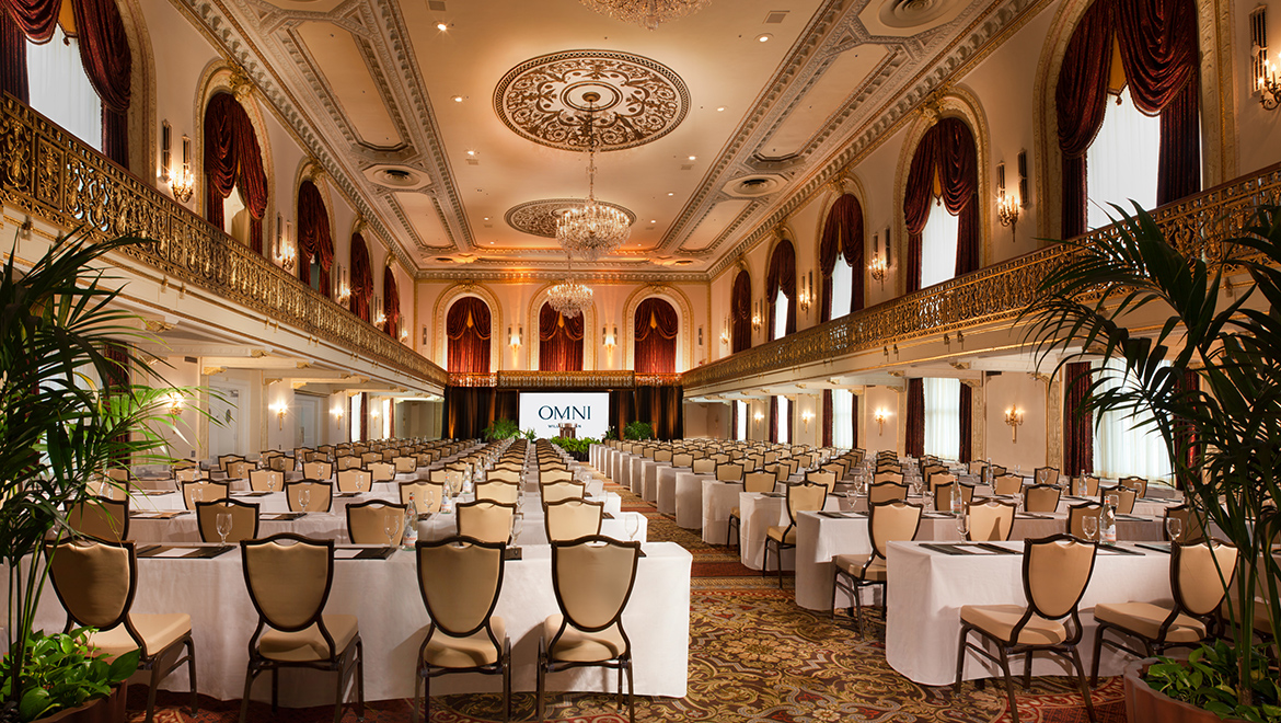 William Penn Hotel ballroom with tables and chairs set up 