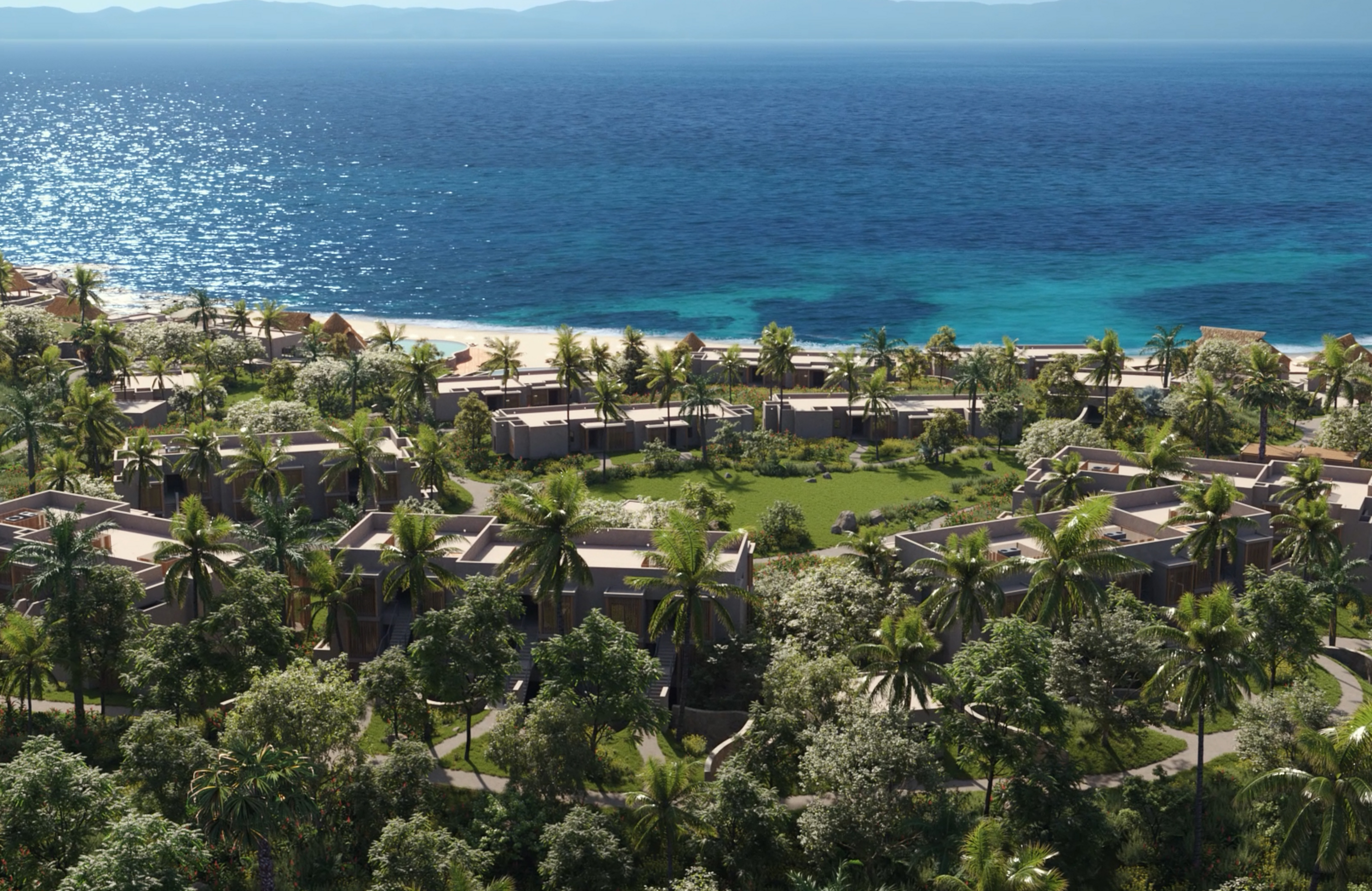 overhead view of guest rooms and ocean